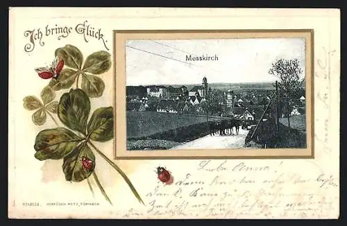 Passepartout-Lithographie Messkirch, Blick von einer Strasse auf den Ort, Kleeblatt und Marienkäfer