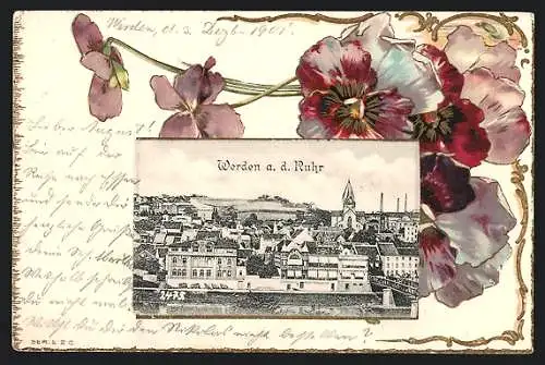 AK Werden a. d. Ruhr, Teilansicht der Ortschaft, gerahmt von Blumen