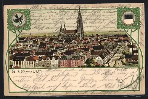 Lithographie Ulm / Donau, Teilansicht mit Münster, Stadtwappen