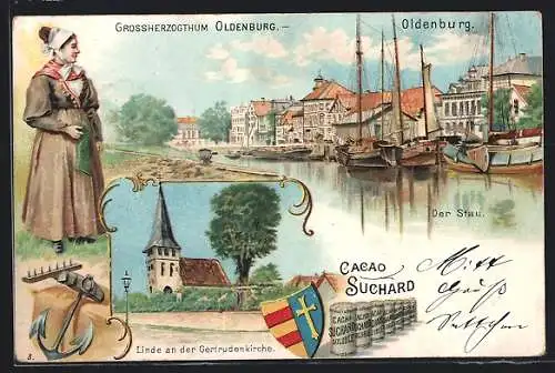 Lithographie Oldenburg / Oldenburg, Kakao Suchard, Linde an der Getrudenkirche, Bootanlegestelle, Wappen