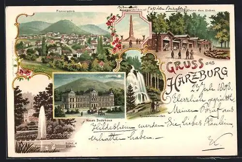 Lithographie Harzburg, Panorama, Kriegerdenkmal, Unter den Eichen, Radauwasserfall