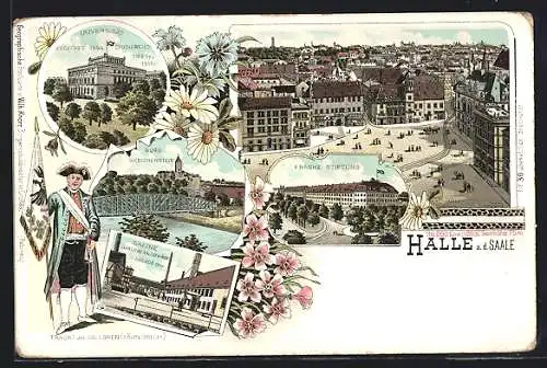 Lithographie Halle / Saale, Ortsansicht, Universität, Burg Giebichenstein, Saline, Franke Stiftung