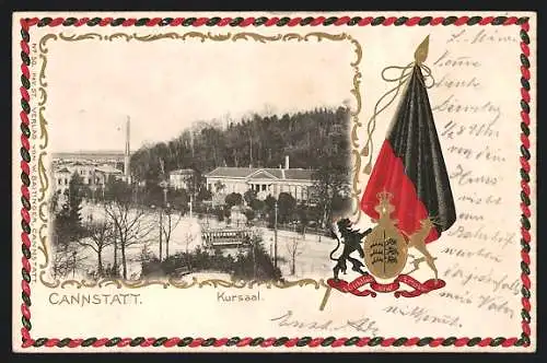 Passepartout-Lithographie Cannstatt, Kursaal, Wappen und Fahne