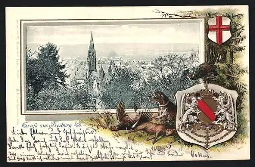 Passepartout-Lithographie Freiburg / Breisgau, Ortsansicht, Jagdhund mit Beute, Wappen