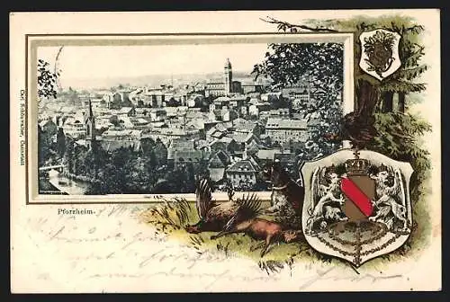 Passepartout-Lithographie Pforzheim, Blick über die Stadt, Wappen, Jagdhund & erlegtes Wild