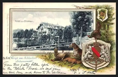 Passepartout-Lithographie Schluchsee, Hotel zum Sternen, Wappen, Jagdhund mit totem Wild
