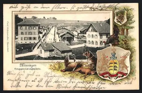 Passepartout-Lithographie Münsingen, Truppenübungsplatz, Wappen, Jagdhund & erlegtes Wild