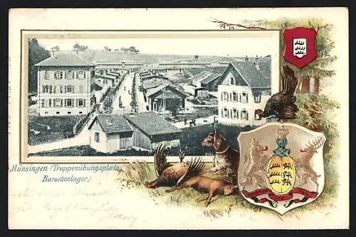 Passepartout-Lithographie Münsingen, Truppenübungsplatz, Barackenlager, Wappen, Jagdhund & erlegtes Wild