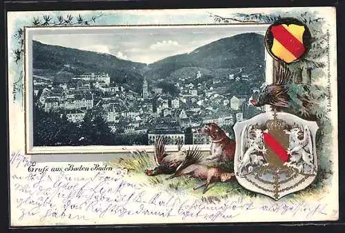 Passepartout-Lithographie Baden Baden, Teilansicht, Wappen