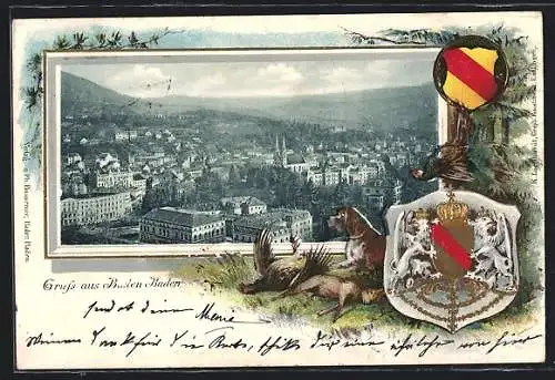 Passepartout-Lithographie Baden Baden, Panorama, Wappen, Jagdhund & erlegtes Wild