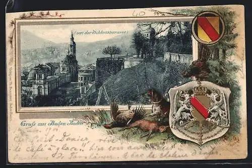 Passepartout-Lithographie Baden Baden, Blick von der Schlossterrasse, Wappen, Jagdhund & erlegtes Wild