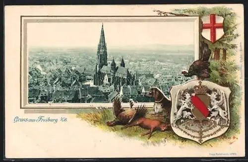 Passepartout-Lithographie Freiburg i. B., Münster und Stadt, Wappen und Jagdhund