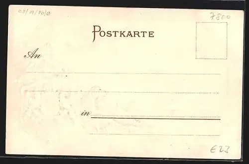 Passepartout-Lithographie Freiburg i. B., Münster und Stadt, Wappen und Jagdhund