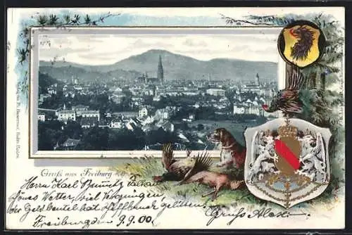 Passepartout-Lithographie Freiburg i. B., Teilansicht der Stadt, Wappen und Jagdhund mit Beute