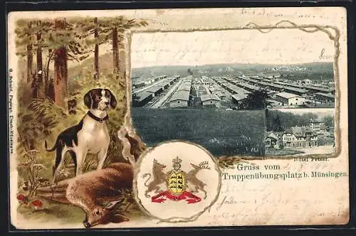 Passepartout-Lithographie Münsingen, Hotel Fezer, Gesamtansicht vom Truppenübungsplatz, Wappen, Jagd