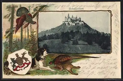 Passepartout-Lithographie Bisingen, Burg Hohenzollern, Wappen, Jagdhund und erlegtes Wild