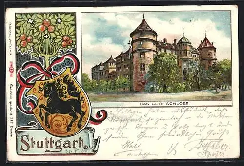 AK Stuttgart, Das alte Schloss, Wappen, Apfelbaum