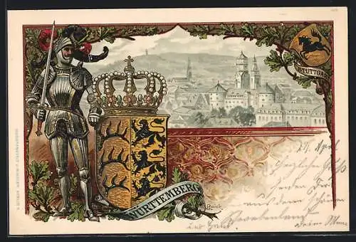 Lithographie Stuttgart, Blick auf die Stadt mit Wappen und Soldat