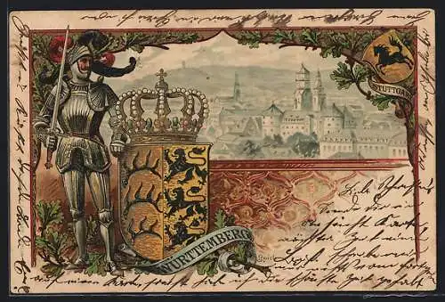 Lithographie Stuttgart, Blick auf die Stadt mit Wappen und Soldat