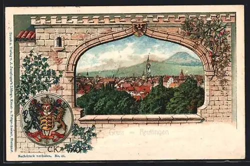 Passepartout-Lithographie Reutlingen, Blick über die Dächer, Wappen, Fensterblick