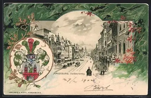 Passepartout-Lithographie Magdeburg, Strasse Breiteweg mit Strassenbahn, Wappen der Stadt Magdeburg