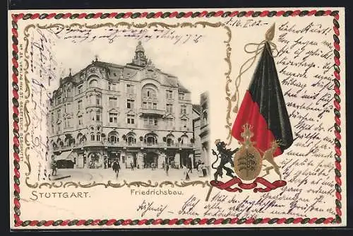 Passepartout-Lithographie Stuttgart, Friedrichsbau, Wappen und Fahne