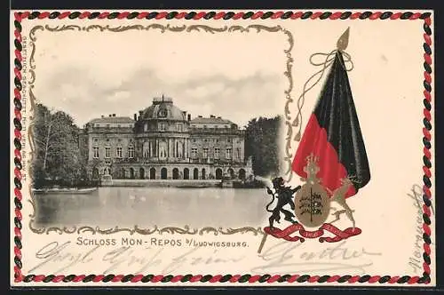 Passepartout-Lithographie Ludwigsburg / Württemberg, Schloss Mon-Repos mit Wappen