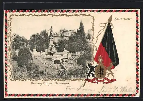 Passepartout-Lithographie Stuttgart, Herzog Eugen Brunnen, Wappen und Fahne