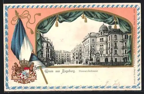 Passepartout-Lithographie Augsburg, Bismarckstrasse hinter einem Vorhang, Fahne, Wappen