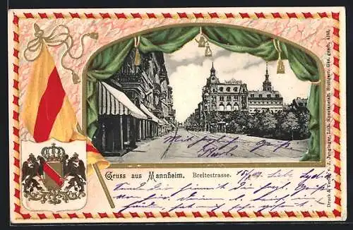 Passepartout-Lithographie Mannheim, Breitestrasse, Wappen und Fahne
