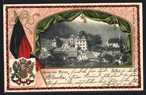 Passepartout-Lithographie Hirsau, Teilansicht der Ortschaft, Wappen und Fahne