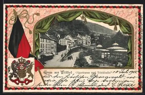 Passepartout-Lithographie Wildbad / Schwarzwald, Olgastrasse und Trinkhalle, Wappen und Fahne