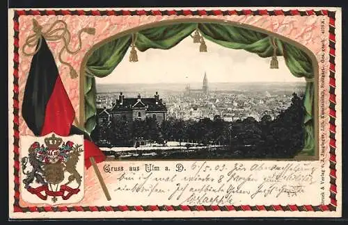 Passepartout-Lithographie Ulm a. D., Blick auf den Ort, Wappen