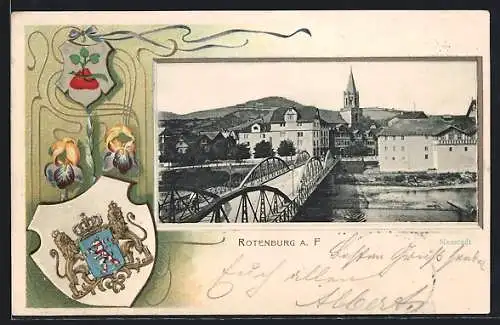 Passepartout-Lithographie Rotenburg a. F., Neustadt, Wappen und Schwertlilien