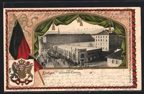 Passepartout-Lithographie Stuttgart, Infanterie-Kaserne, Wappen und Fahne