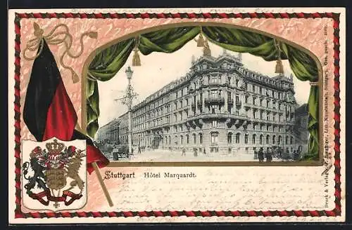 Passepartout-Lithographie Stuttgart, Hotel Marquardt, Wappen und Fahne