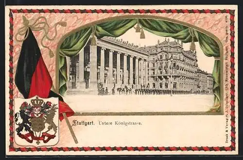 Passepartout-Lithographie Stuttgart, Untere Königstrasse, Wappen und Fahne