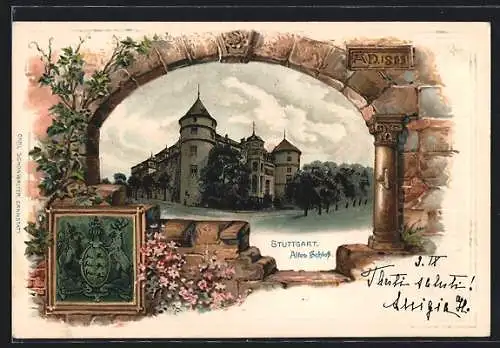Passepartout-Lithographie Stuttgart, Altes Schloss durch ein Burgfenster gesehen, Wappen