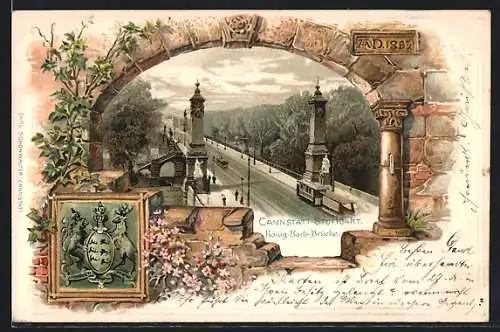 Passepartout-Lithographie Cannstatt-Stuttgart, Strassenbahn auf der König Karls-Brücke, Wappen