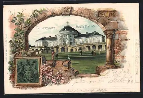 Passepartout-Lithographie Stuttgart, Schloss Solitude, Wappen