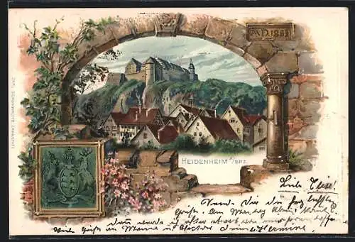 Passepartout-Lithographie Heidenheim a. d. Brenz, Blick zum Schloss