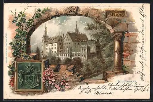 Passepartout-Lithographie Heiligenberg / Baden, Blick zum Schloss Heiligenberg, Wappen
