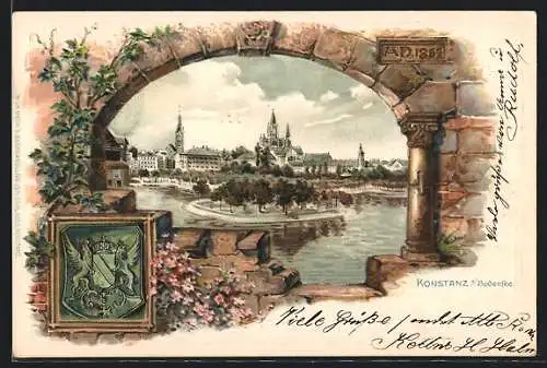 Passepartout-Lithographie Konstanz /Bodensee, Ortspartie am Seeufer, Wappen