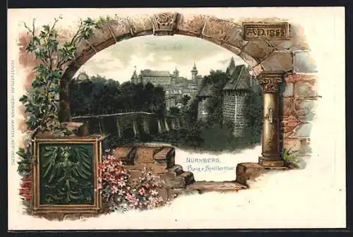 Passepartout-Lithographie Nürnberg, Burg v. Spittlertor, Wappen