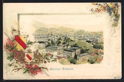 Passepartout-Lithographie Baden-Baden, Totalansicht, Wappen