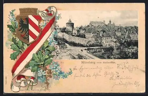 Passepartout-Lithographie Nürnberg, Blick vom Hallerthor, Wappen und Eichenlaub