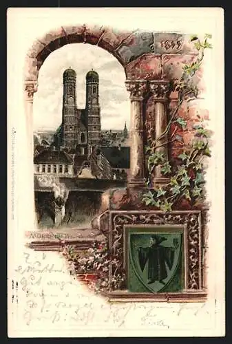 Passepartout-Lithographie München, Frauenkirche, durch ein Tor gesehen, Kindl-Wappen