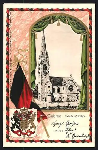 Passepartout-Lithographie Heilbronn, Friedenskirche, Wappen und Fahne