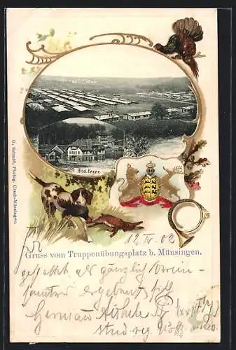 Passepartout-Lithographie Münsingen, Truppenübungsplatz aus der Vogelschau, Hotel Fezer, Wappen