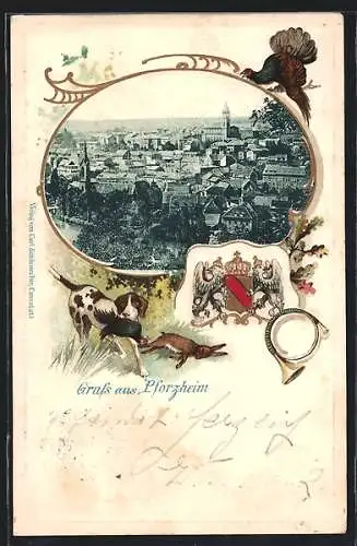 Passepartout-Lithographie Pforzheim, Blick über die Stadt, Wappen, Horn und Jagdhund